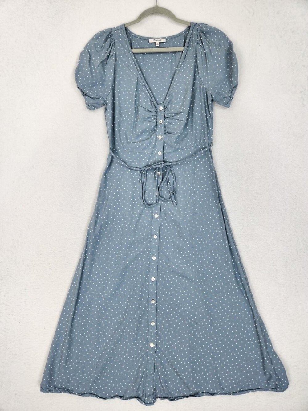 Madewell Dress Womens 2 Blue Polka Dot Puff Sleeve Button Front Midi Sundress